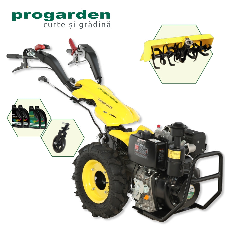 ProGARDEN Pachet Campo U12E Motocultor 12CP + FT90 Freza tractata 90cm + Roata sustinere + 4L Ulei