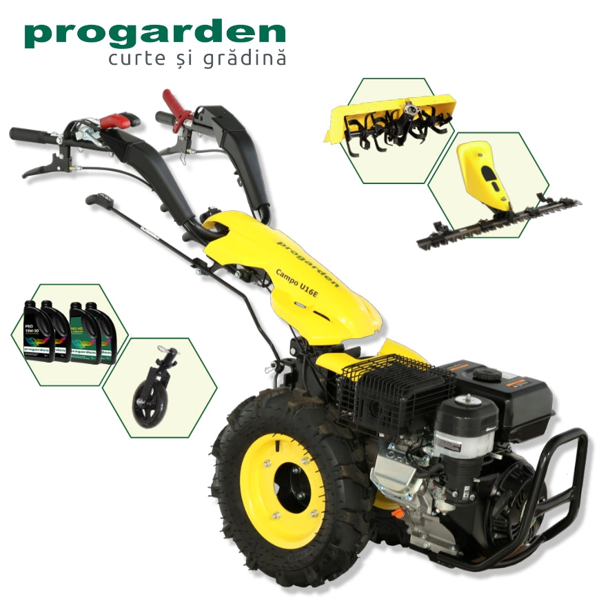 ProGARDEN Pachet Campo U16E Motocultor 14CP + Bara cosire BC120M + Roata sustinere + Freza tractata FT90 + 4L Ulei