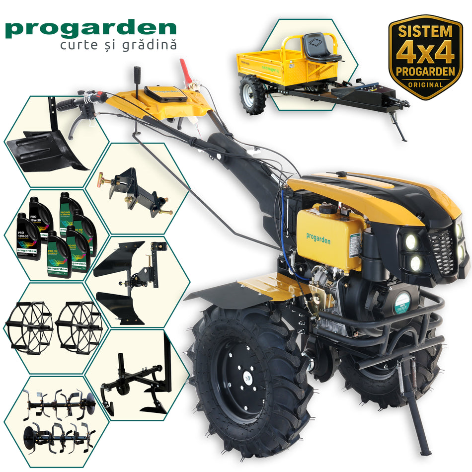 ProGARDEN Pachet Campo 1273 Alpine V2, Motocultor 12CP + PRS20-45 Prasitoare + Remorca RM500T+ Plug bilonat/rarita + Plug reversibil + Adaptor + 2 Roti metalice 540x170 + 6 L ulei