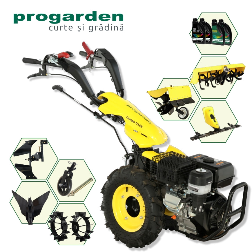 ProGARDEN Pachet Campo U16E Motocultor 14CP + BC120M Bara cosire + 3xPlug + FT90 Freza tractata + 2xRoti metalice RM47 + 4L Ulei