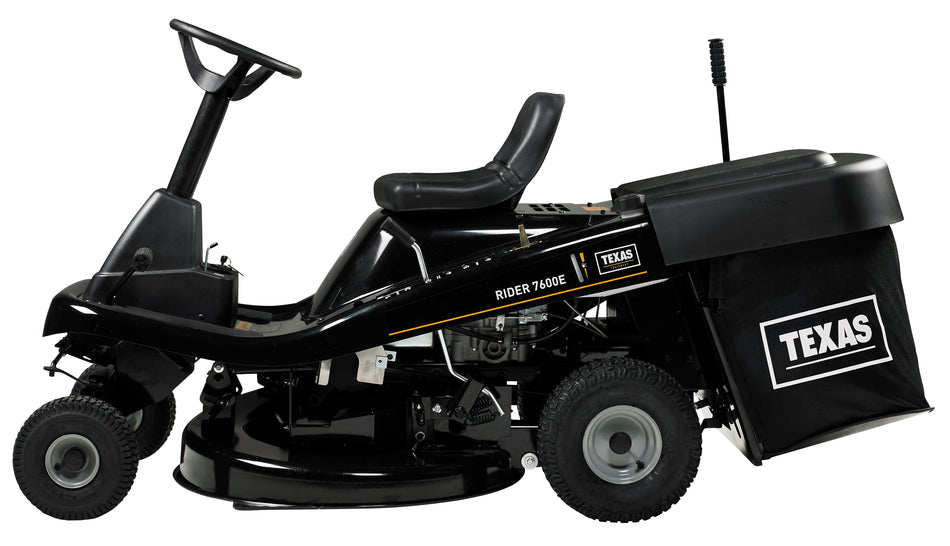 Texas Rider 7600E tractoras pentru tuns gazonul 3 in 1, 12CP, benzina, latime taiere 760mm, inaltime taiere 30-76mm, sac colector 170l, pornire electrica