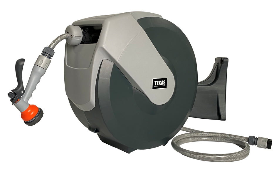 Texas furtun cu tambur, 25m, retractabil, mobil, 1/2", dispozitiv stropit inclus, max 8bar, accesorii fixare