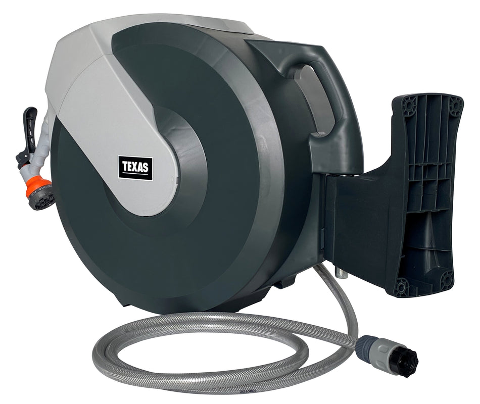 Texas furtun cu tambur, 25m, retractabil, mobil, 1/2", dispozitiv stropit inclus, max 8bar, accesorii fixare