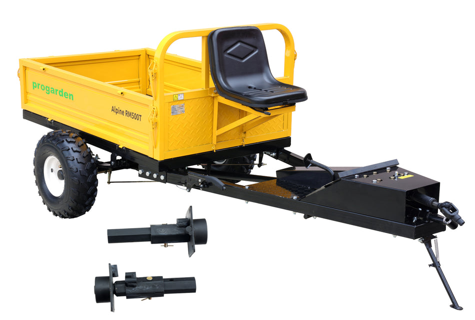 ProGARDEN Pachet Alpine RM500T Remorca cu tractiune 500kg, 1 osie, prindere bolt pentru motocultor, roti 19x7-8 si set manicoti Adaptiv 3 in 1 S