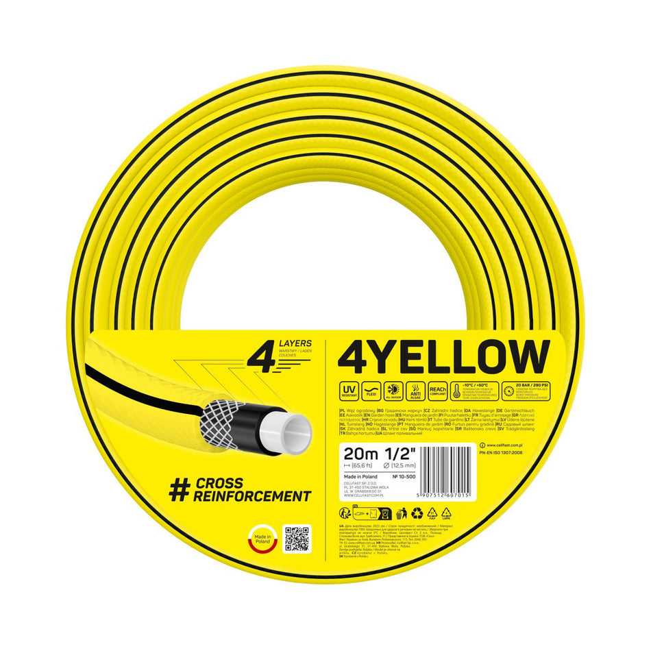 Furtun pentru gradina Cellfast 4YELLOW 1/2" Inch, 20m, 4 straturi, protectie UV, antirasucire
