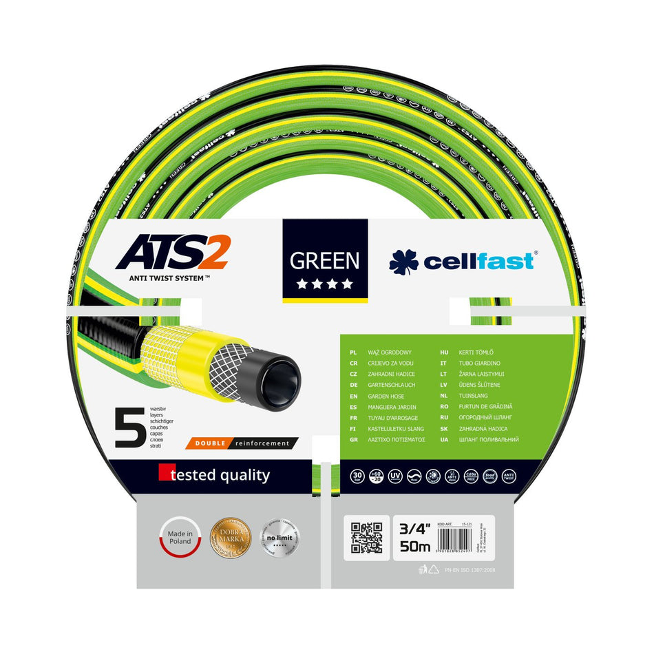 Furtun pentru gradina Cellfast GREEN cu 5 straturi, 3/4" INCH, Armat, 50m, protectie UV, antirasucire