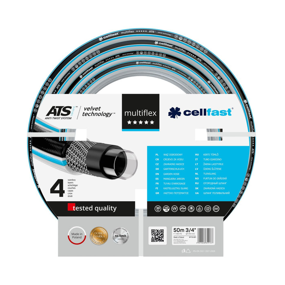 Furtun pentru gradina Cellfast MULTIFLEX cu 4 straturi, 3/4" Inch, Armat, 50m, protectie UV, antirasucire