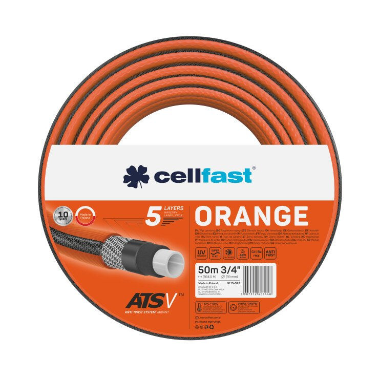 Furtun pentru gradina Cellfast ORANGE cu 5 straturi, 3/4" Inch, Armat, 50m, protectie UV, antirasucire
