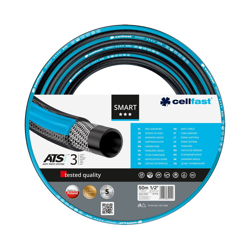 Furtun pentru gradina Cellfast SMART cu 3 straturi, 1/2" Inch, Armat, 50m, protectie UV, antirasucire