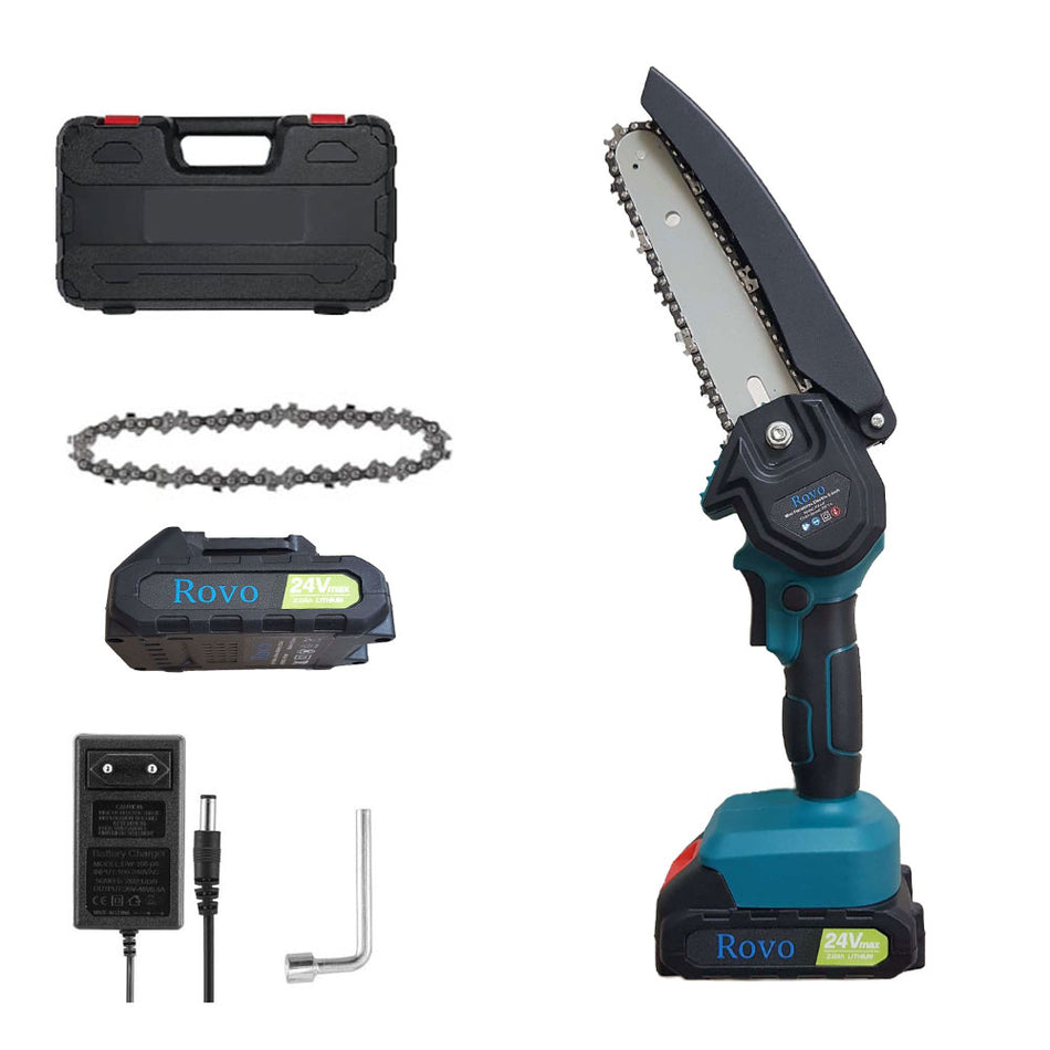 Mini ferastrau cu lant Electric Rovo RV-MF, 6 Inch, 24V, 2000mAh, 2 acumulatori, 2 lanturi, CHAINSAW