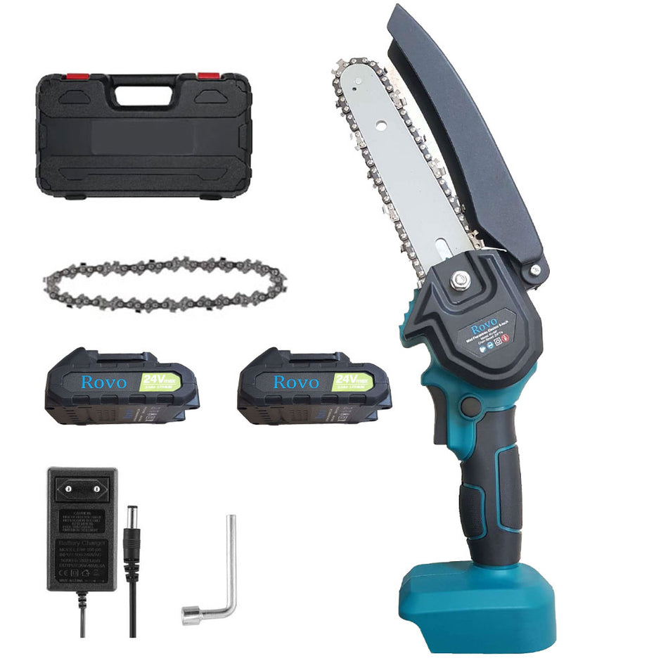 Mini ferastrau cu lant Electric Rovo RV-MF, 6 Inch, 24V, 2000mAh, 2 acumulatori, 2 lanturi, CHAINSAW