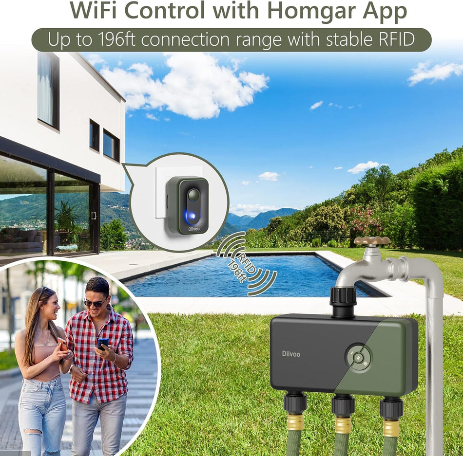 Programator Wifi automat pentru irigare Diivoo DI-WT11W-EUGN, 3 zone, IP54, functie Rain Delay, Control Aplicatie, RFID 60M