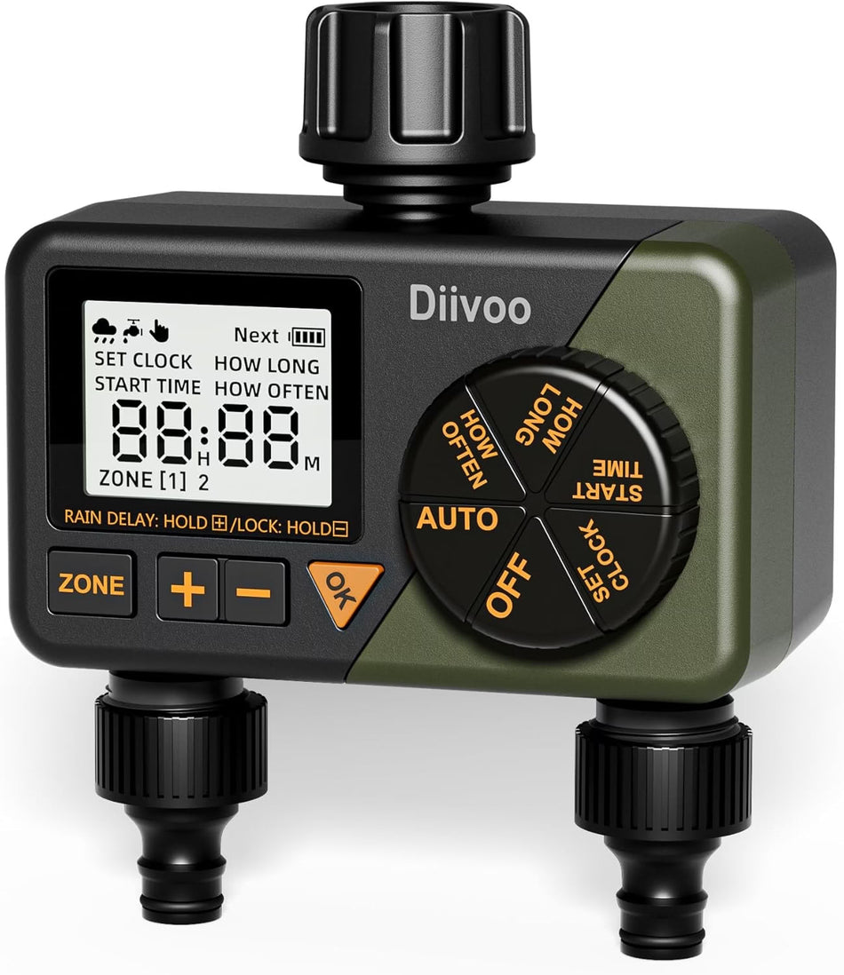Programator automat pentru irigare Diivoo DI-WT08M-DEGN, 2 zone, IPX5, functie Rain Delay