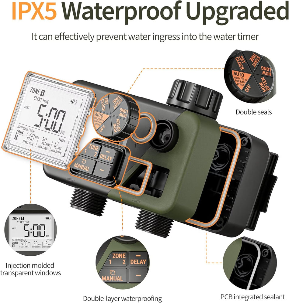Programator automat pentru irigare Diivoo DI-WT21M-EUGN, 2 zone, IPX5, functie Rain Delay
