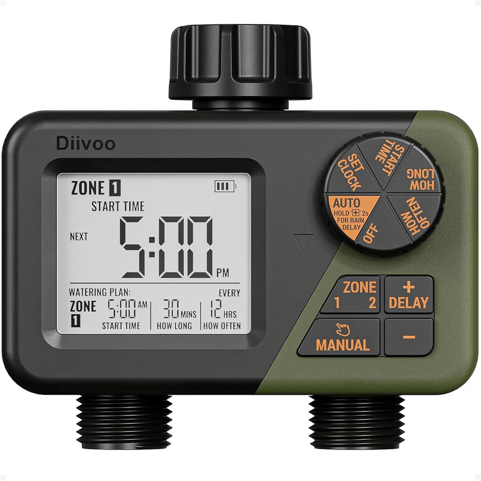 Programator automat pentru irigare Diivoo DI-WT21M-EUGN, 2 zone, IPX5, functie Rain Delay