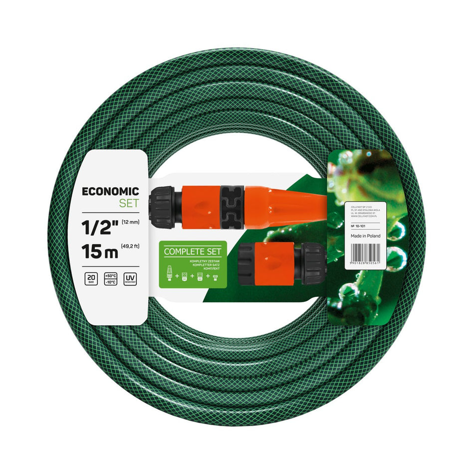 Set Furtun pentru gradina Cellfast ECONOMIC, 3 straturi cu armatura, 1/2" Inch 15m, protectie UV, stropitor, conector