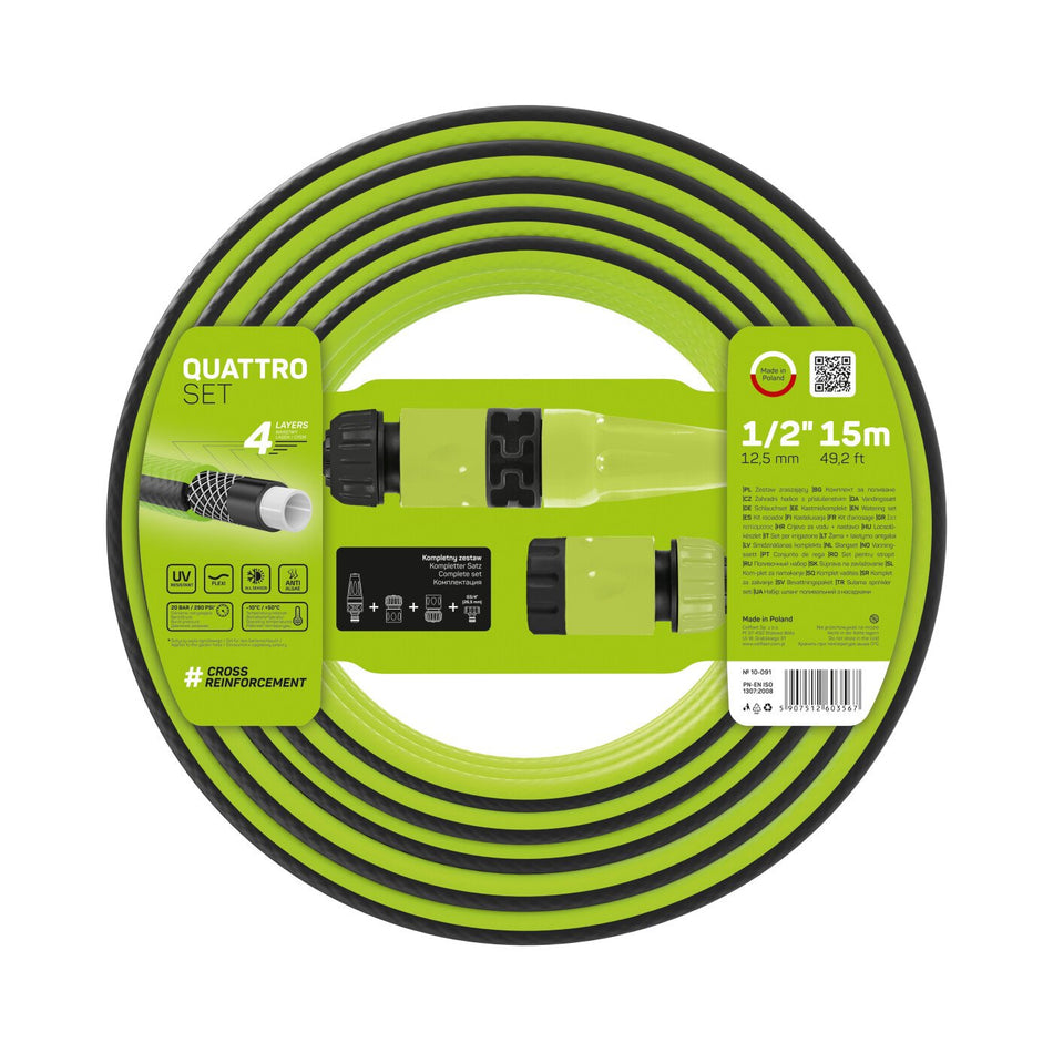 Set Furtun pentru gradina Cellfast QUATTRO cu 4 straturi, 1/2" Inch, Armat, 15m, protectie UV, stropitor, conector