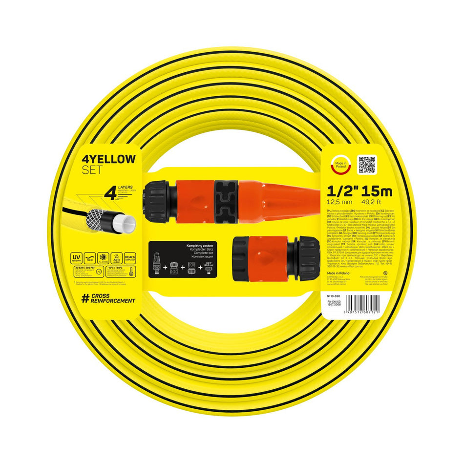 Set furtun pentru gradina CELLFAST 4YELLOW, 1/2" Inch, 15m, protectie UV, antirasucire, duza stropire, conectori