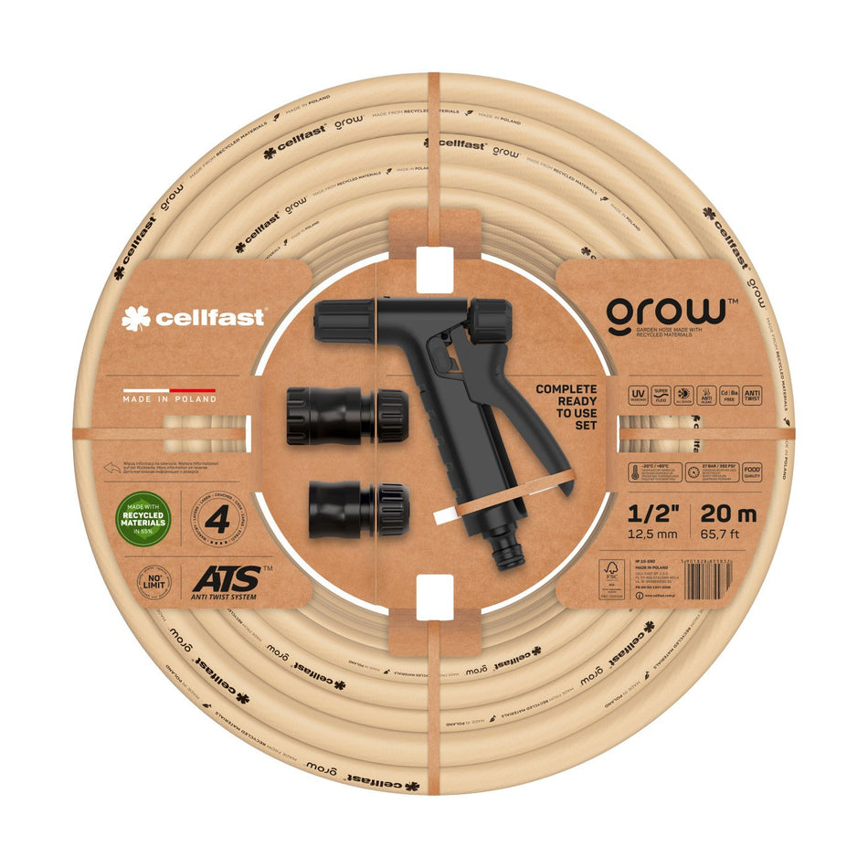 Set furtun pentru gradina CELLFAST GROW 1/2" Inch 20m, protectie UV, antirasucire, pistol stropire, conectori, materiale reciclate