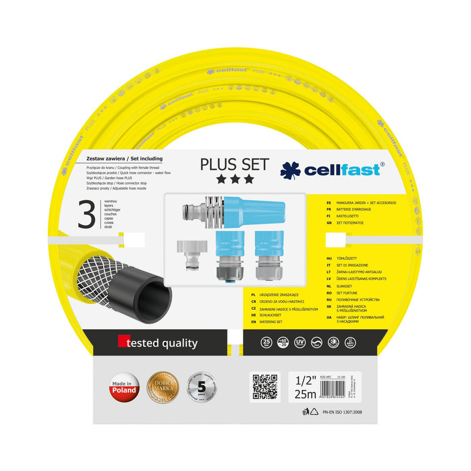 Set furtun pentru gradina CELLFAST PLUS cu 3 straturi, 1/2" Inch, Armat, 25m, protectie UV, stropitor, conector