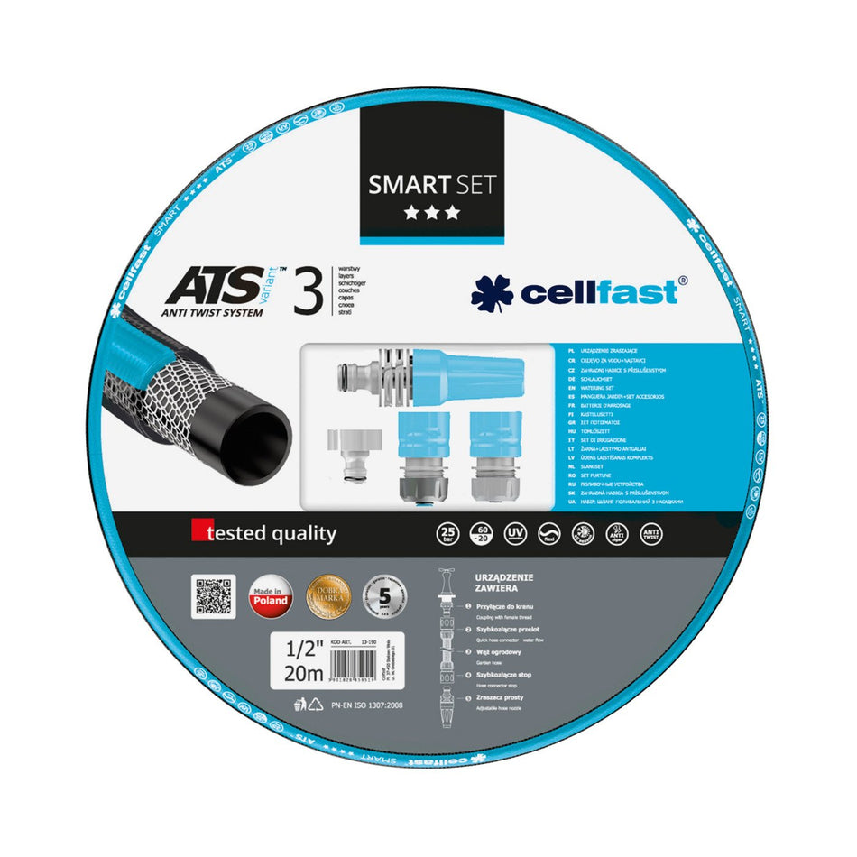 Set furtun pentru gradina Cellfast SMART ATS3, 1/2" Inch, Armat, 20m, protectie UV, antirasucire, duza stropire, conectori