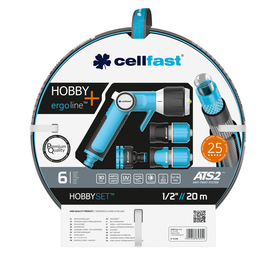 Set furtun pentru gradina Premium Cellfast HOBBY cu 6 straturi, 1/2" INCH, Armat, 20m, protectie UV, antirasucire, pistol multifunctional, conectori