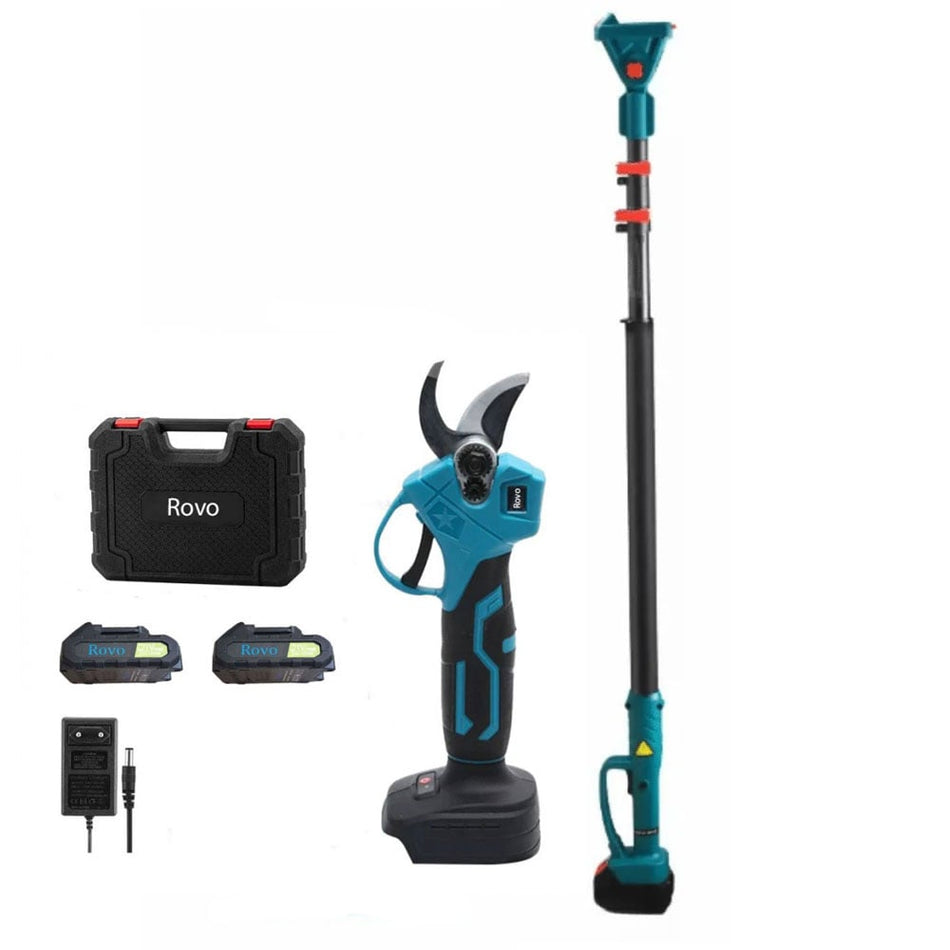Set Foarfeca electrica pentru gradina Rovo RV-FE, brat telescopic 2.5m, motor brushless, 2 acumulatori 2000mAh, 800W, valiza de transport