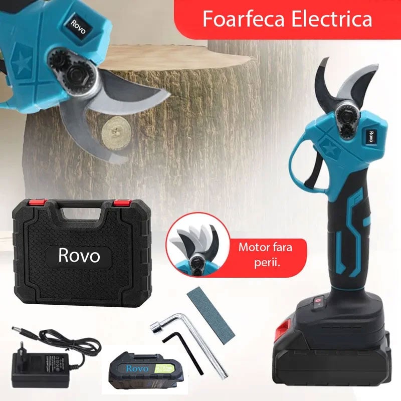 Set Foarfeca electrica pentru gradina Rovo RV-FE, brat telescopic 2.5m, motor brushless, 2 acumulatori 2000mAh, 800W, valiza de transport