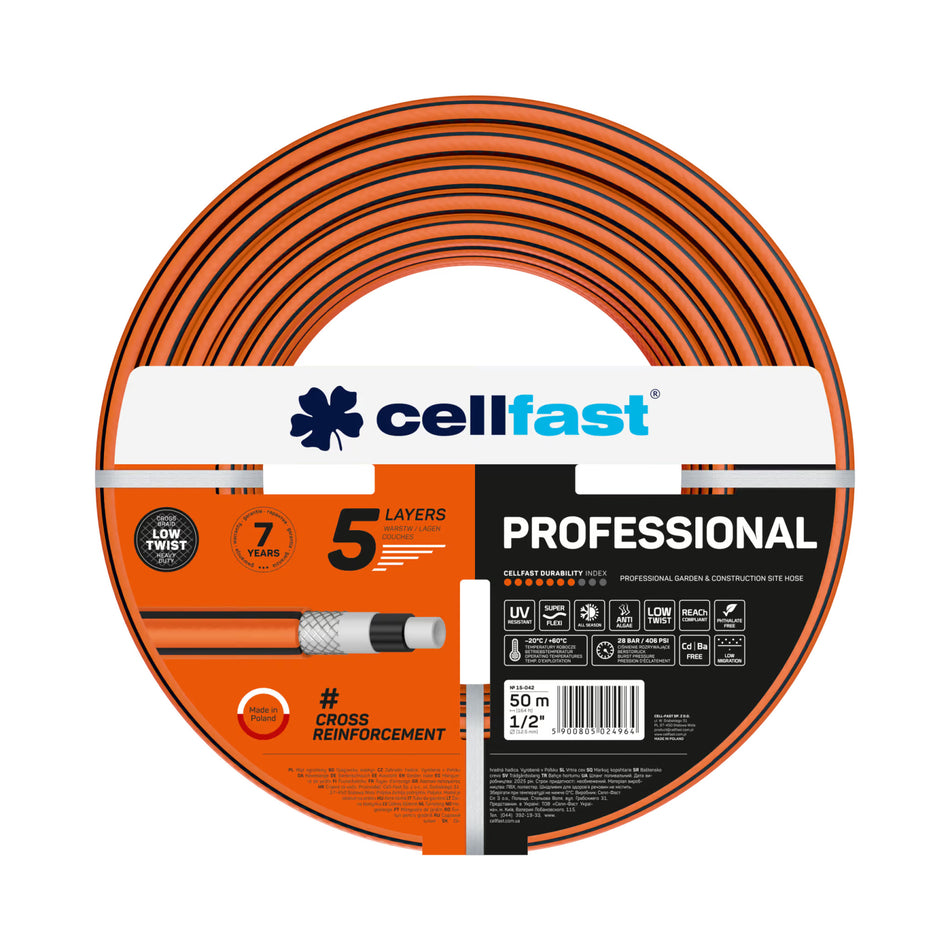 Furtun pentru gradina Cellfast PROFESSIONAL cu 5 straturi, 1 2  , 20m, 28 bari, protectie UV, antirasucire
