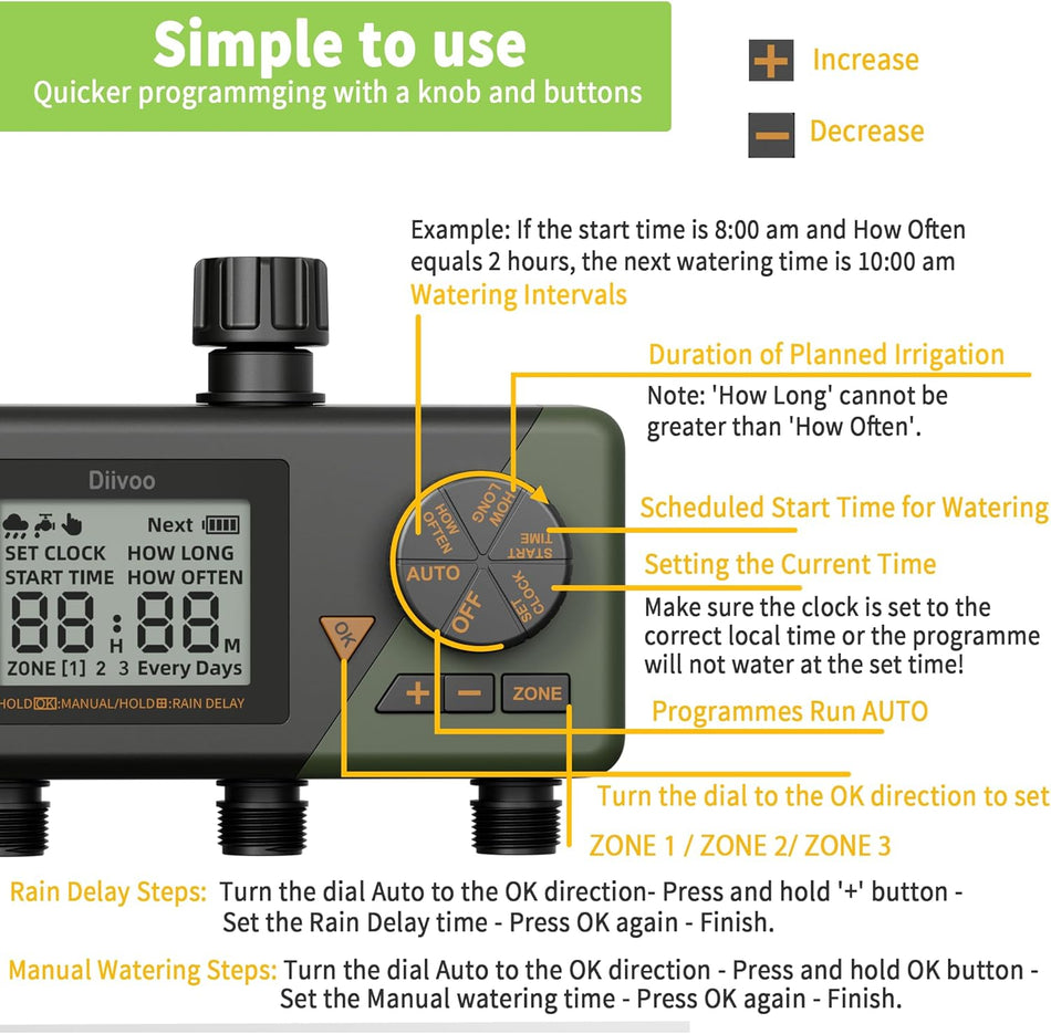 Programator automat pentru irigare Diivoo WT10M-GN, 3 zone, IP54, functie Rain Delay